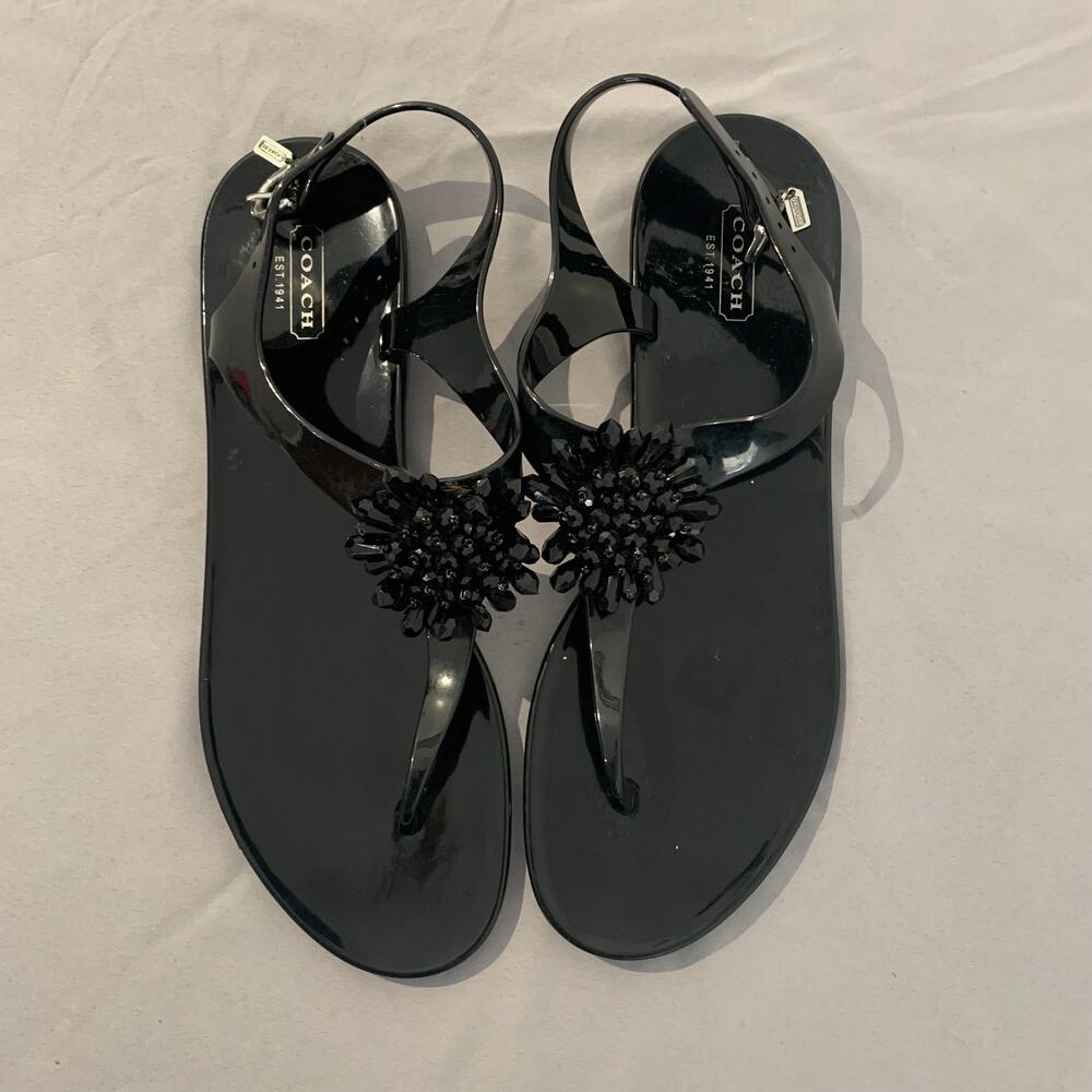 Coach Black Jelly Thong Sandals Crystal Flower Embellished Size 10B